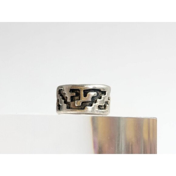 Zuni Pueblo Vintage Geometric Mexican Chunky Wide Sterling Silver Ring - sz 7 - Picture 2 of 10